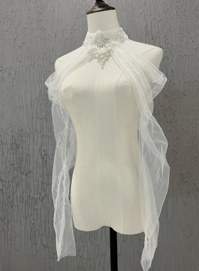 新款新娘结婚抹胸影楼婚纱礼服手工重工网纱外套披肩长袖珍珠流苏