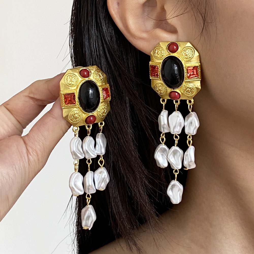 欧美风夸张镶钻彩宝石复古流苏耳环耳饰中古港风小众设计感耳坠 - 图0