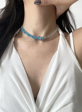 双层叠戴松石闪钻锆石打结项链女