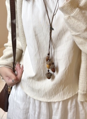 中式古风风橡果吊坠项链长款女潮