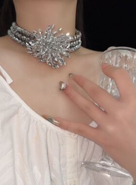欧美银色水晶串珠烟花吊坠项链女