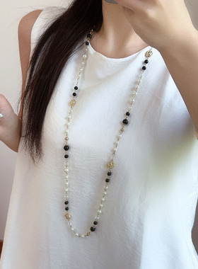 复古珍珠长款叠戴玫瑰花项链女款