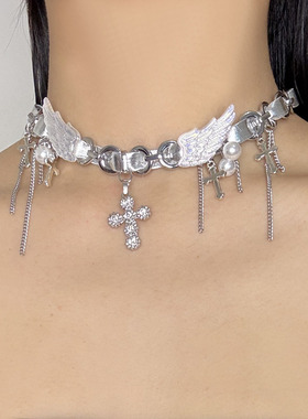 甜酷皮银色翅膀choker十字架项链