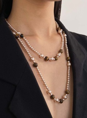 串珠叠戴虎眼石款珍珠毛衣链长款