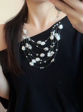 法式隐形鱼线异形珍珠串珠项链女