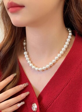 银色元宝扣圆施家珍珠项链颈链