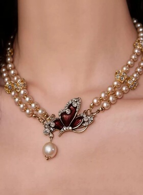 法式复古双层金色珍珠串珠项链女