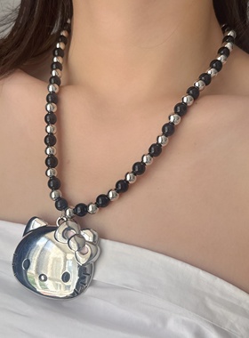 银色金属小猫吊坠黑银串珠项链女