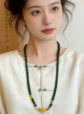 新中式民族仿绿玛瑙圆珠串珠项链