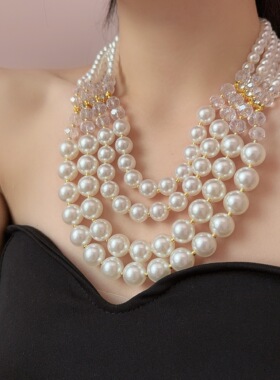 欧美风气质流苏多层珍珠项链耳环