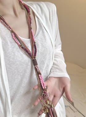 民族风编织皮质小流苏长款项链女