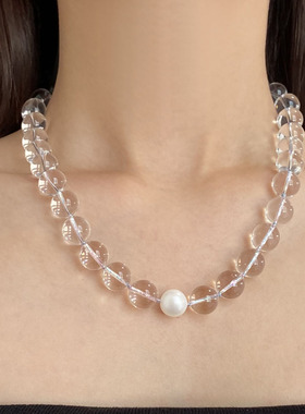 清凉感白水晶圆珠淡水珍珠项链