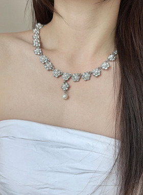 闪耀锆石水钻花朵项链晚礼服配饰