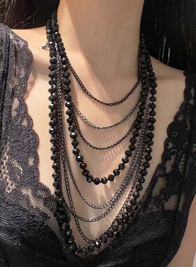 复古黑水晶串珠多层气质叠戴项链