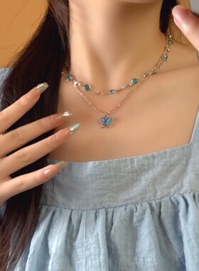 轻奢百搭蝴蝶蓝钻双层叠戴项链女