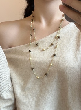 法式复古多层叠戴虎眼石时髦项链