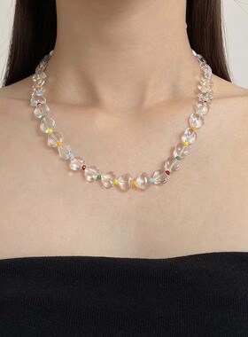 彩色串珠爱心透明水晶拼接项链女