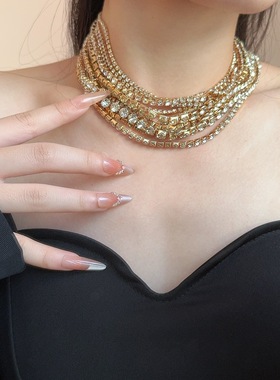 法式轻奢闪钻镶钻多层宽版项链女