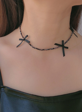 黑色水晶串珠女蝴蝶结项链锁骨链