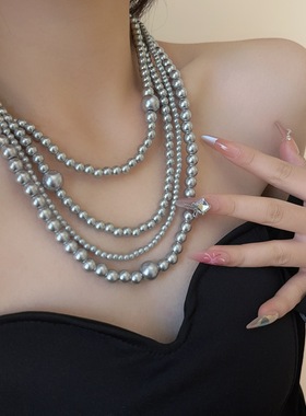 时髦设计多层灰珍珠串珠项链洋气