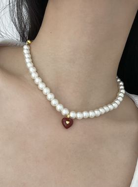 红色爱心吊坠珍珠串珠项链颈链女