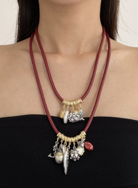 民族风多层皮绳树叶镶钻吊坠项链