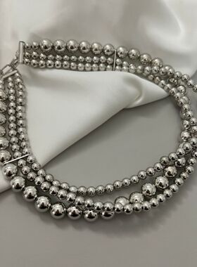 金属圆珠女多层银色金属球项链