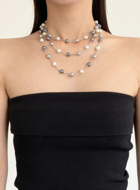 灰白混搭珍珠串珠项链毛衣链长款