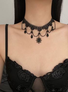 高级感蕾丝流苏黑水晶吊坠项链女