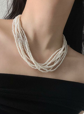 小众复古多层米粒人造珍珠项链女