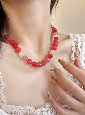 绯红天然石串珠项链鲜艳色设计感