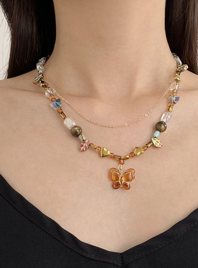复古新中式茶色蝴蝶串珠双层项链