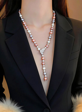 韩版时尚多彩珍珠镶钻毛衣链项链