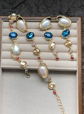 欧美复古彩色宝石几何珍珠项链女