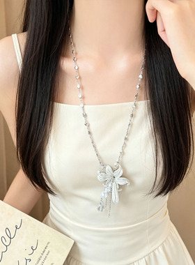 韩系重工百合花朵水滴珍珠项链女
