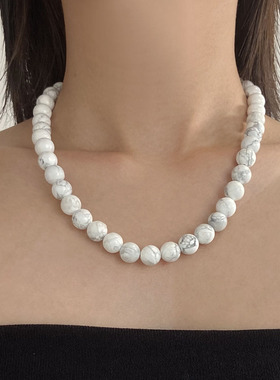 欧美天然白松石串珠项链女