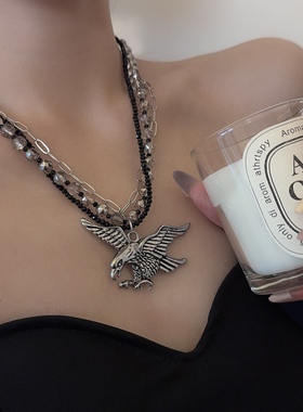 扑食老鹰吊坠多层水晶串珠项链潮