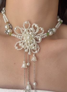 珍珠花朵流苏长款项链张锁骨链女