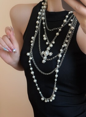 轻奢多层十字架镶珍珠吊坠项链女