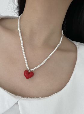 珍珠串珠项链爱心双色吊坠颈链女