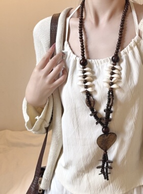 椰壳棕色爱心贝壳木珠串珠项链长