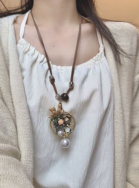 繁花珍珠吊坠皮绳项链长女毛衣链