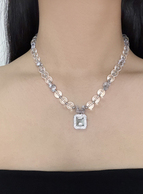 透明白水晶串珠锆石拼接闪钻项链