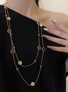 中古时尚圆牌双层虎眼石串珠项链