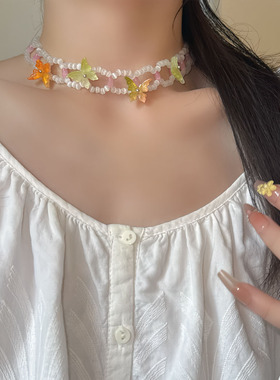 甜美时髦双层猫眼石串珠蝴蝶项链