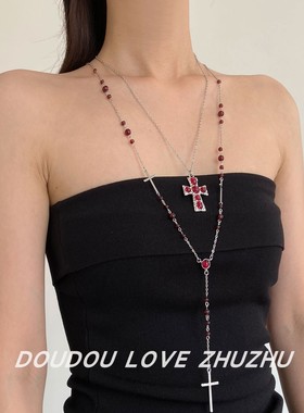 镶钻红宝石十字架多层串珠项链