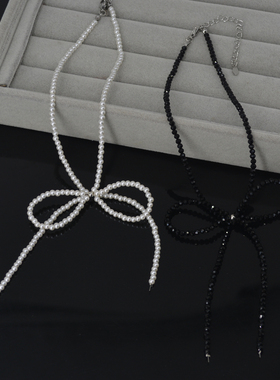 珍珠串珠女蝴蝶结项链锁骨链