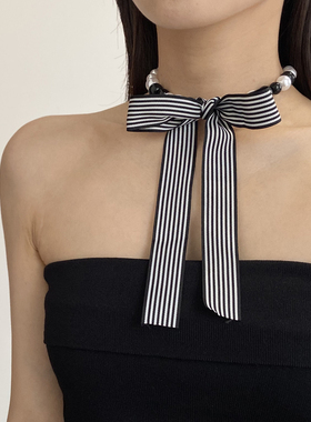 复古条纹蝴蝶结丝带黑白珍珠项链