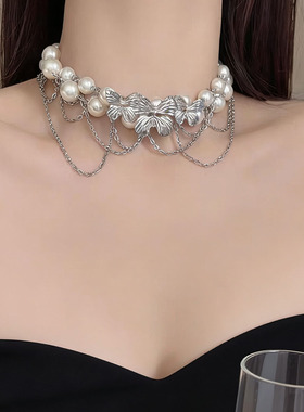 蝴蝶珍珠链条流苏项链choker项圈