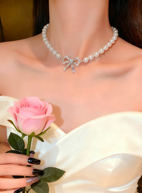 法式复古水晶蝴蝶结珍珠串珠项链